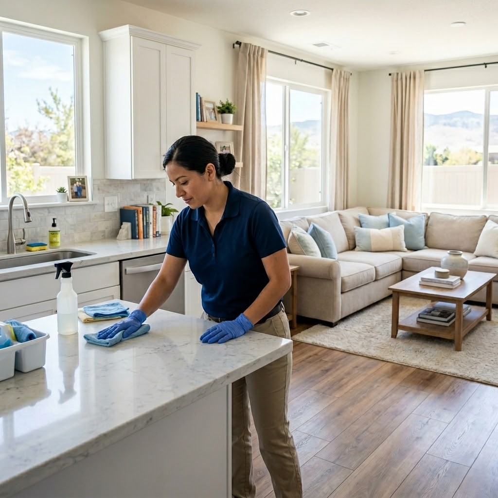 Professional cleaner preparing a bright home